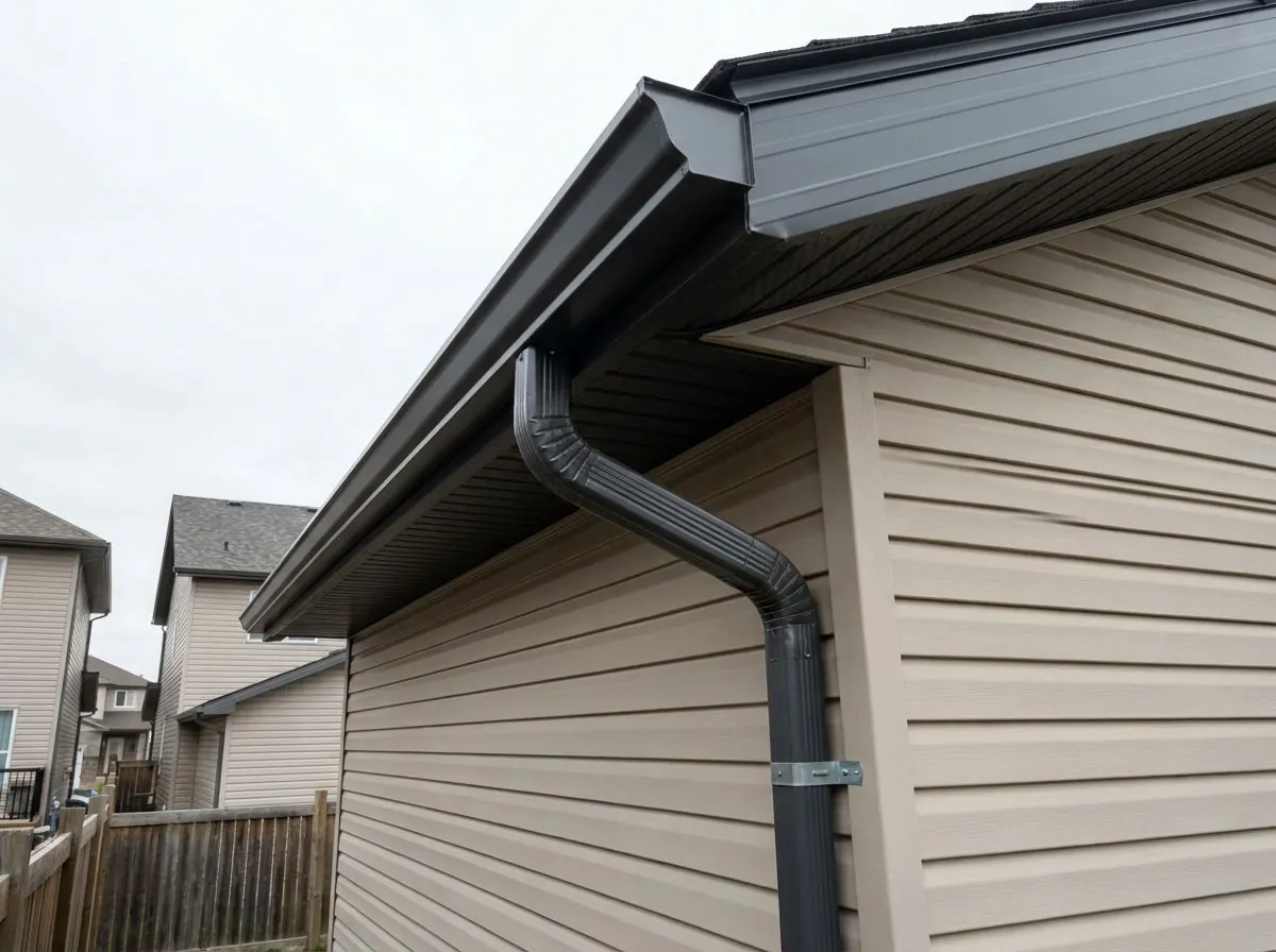 Looking up at the underside of a large charcoal eavestrough, where a wide rectangular downspout leaves the outlet and offsets back to the wall with two elbows.