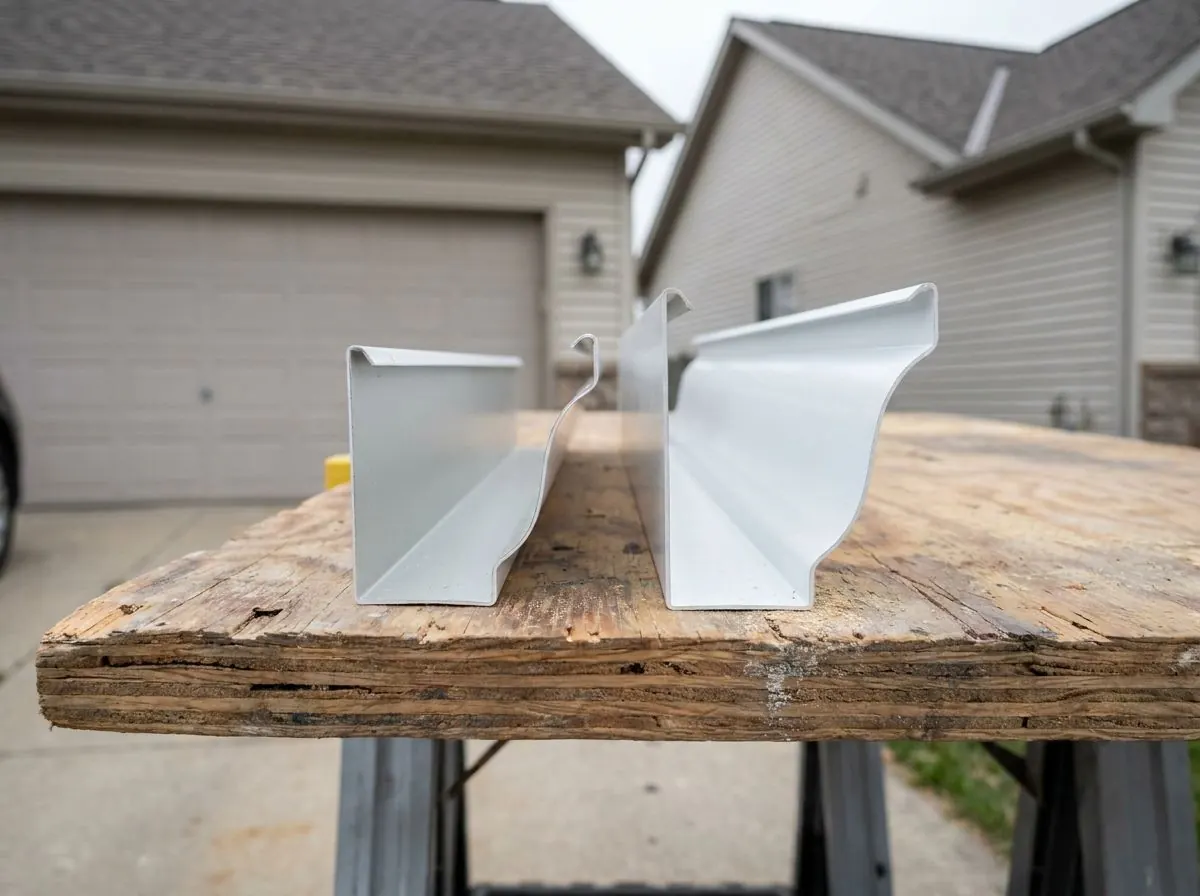 Two short offcuts of white K-style eavestrough lie side by side on a plywood work table, the six-inch profile visibly larger than the five-inch.