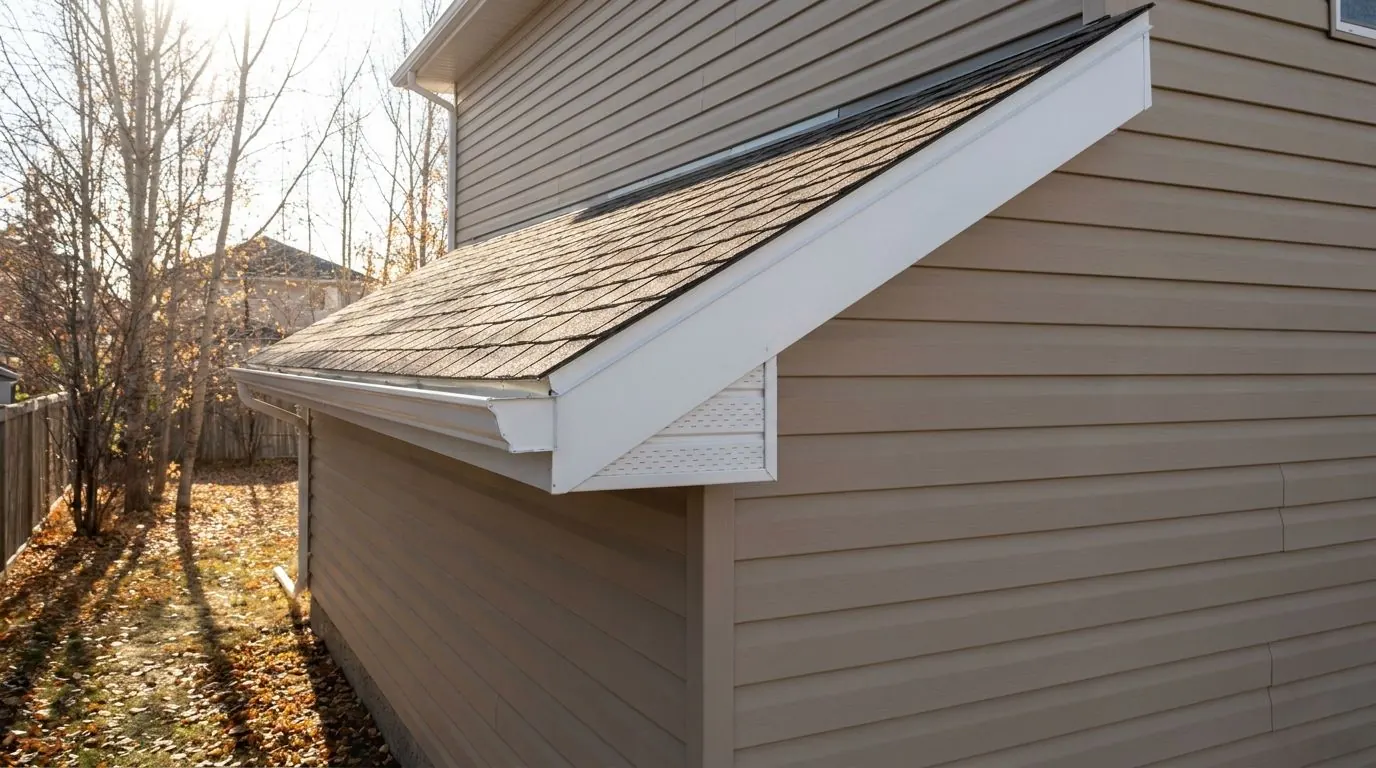 The sloped side edge of a lower roof on a tan house, with smooth white aluminum capping wrapped over the fascia and meeting a white eavestrough at the corner.