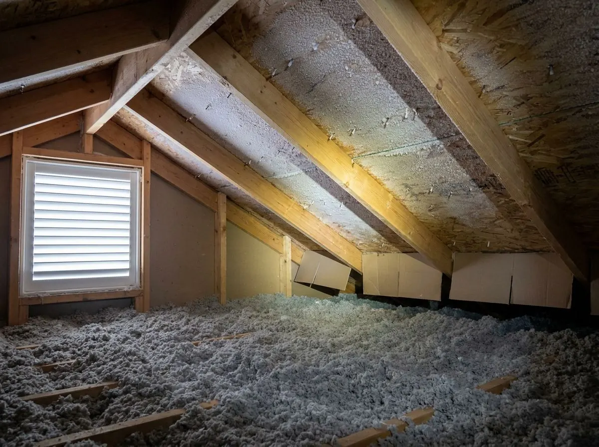 Inside a winter attic, white frost coats the underside of the roof sheathing and the nail tips poking through, above loose-fill insulation and wood trusses.