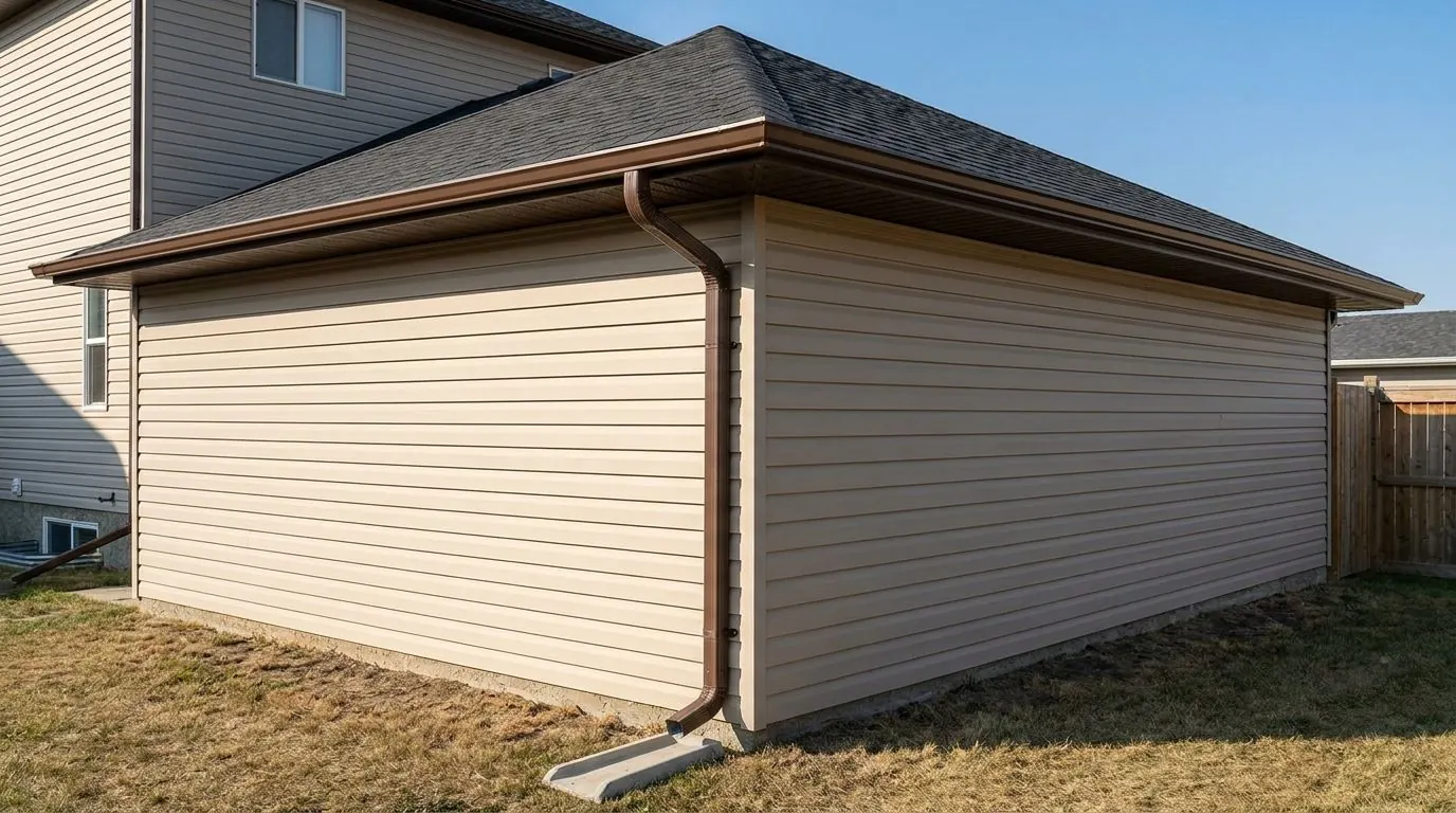 A brown seamless eavestrough runs along the hip-roof eave of a beige garage and turns a mitred outside corner, with a brown downspout running down the wall to a splash pad.