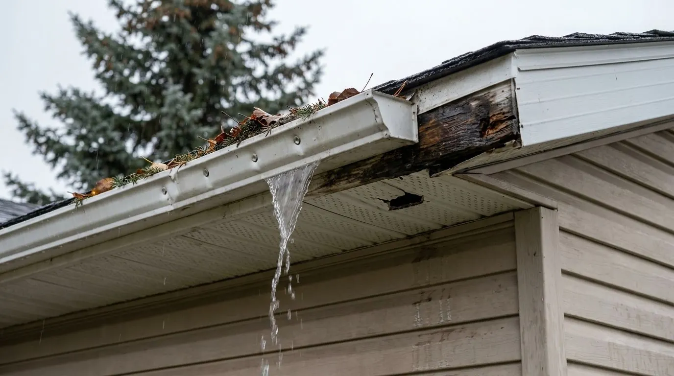 In the rain, an older white eavestrough packed with wet leaves and spruce needles spills a stream of water over its front, above rotted fascia wood and a holed soffit on a beige house.