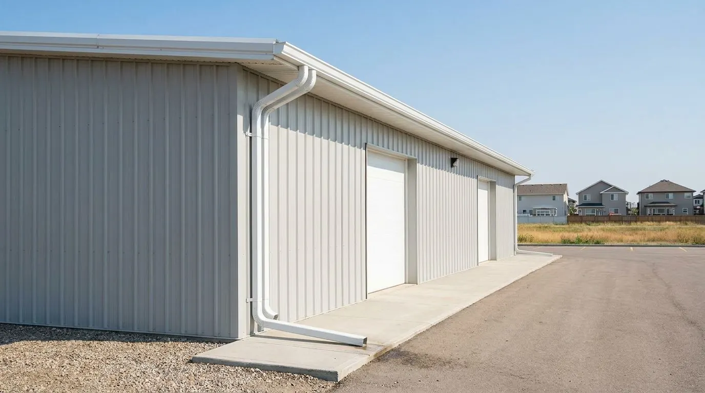 A single-storey steel commercial bay building with closed overhead doors, a large eavestrough along its eave and a wide rectangular downspout reaching a concrete splash pad.