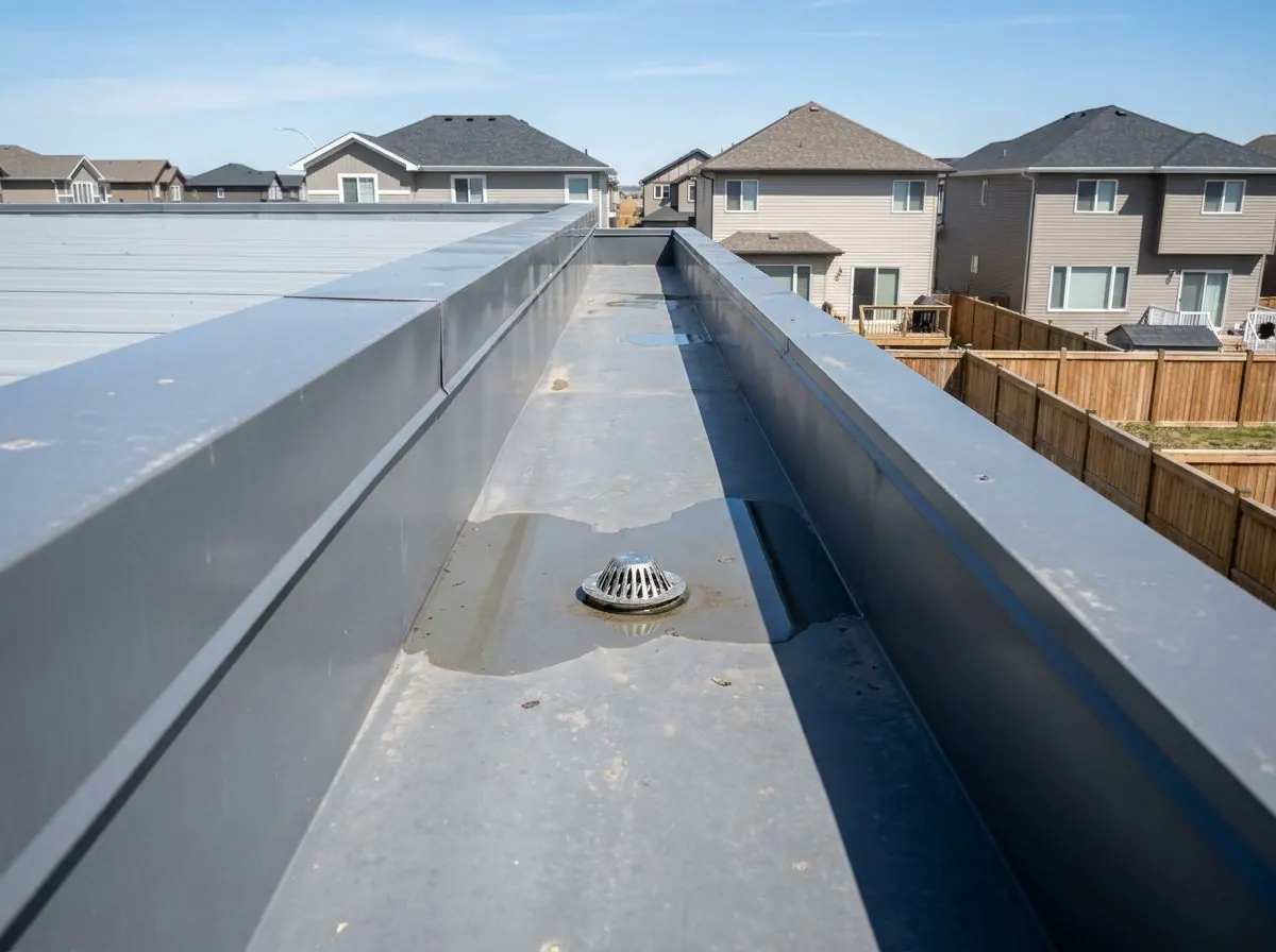 A wide rectangular metal box gutter built into the edge of a low-slope commercial roof, with a drain outlet in its floor.