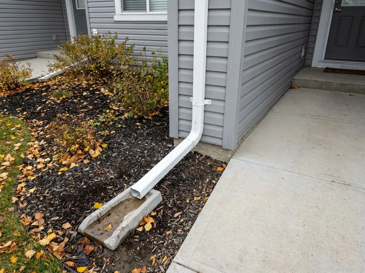 At a townhouse complex in autumn, a downspout beside a front entry discharges onto a splash pad in a planting bed, away from the concrete walkway.