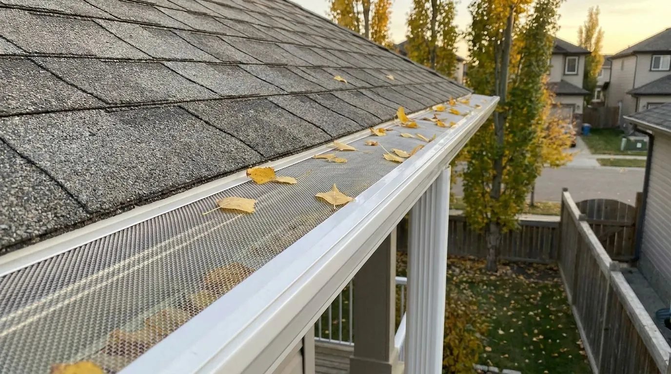 A roof edge seen from slightly above, where a white eavestrough is covered along its length by a fine mesh guard with a few yellow poplar leaves resting on top.