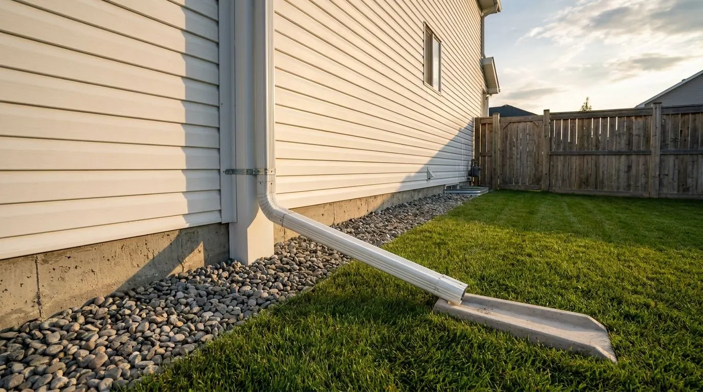 The side of a white two-storey house where a downspout runs down the wall to an extension crossing a gravel strip and ending on a splash pad in the lawn.