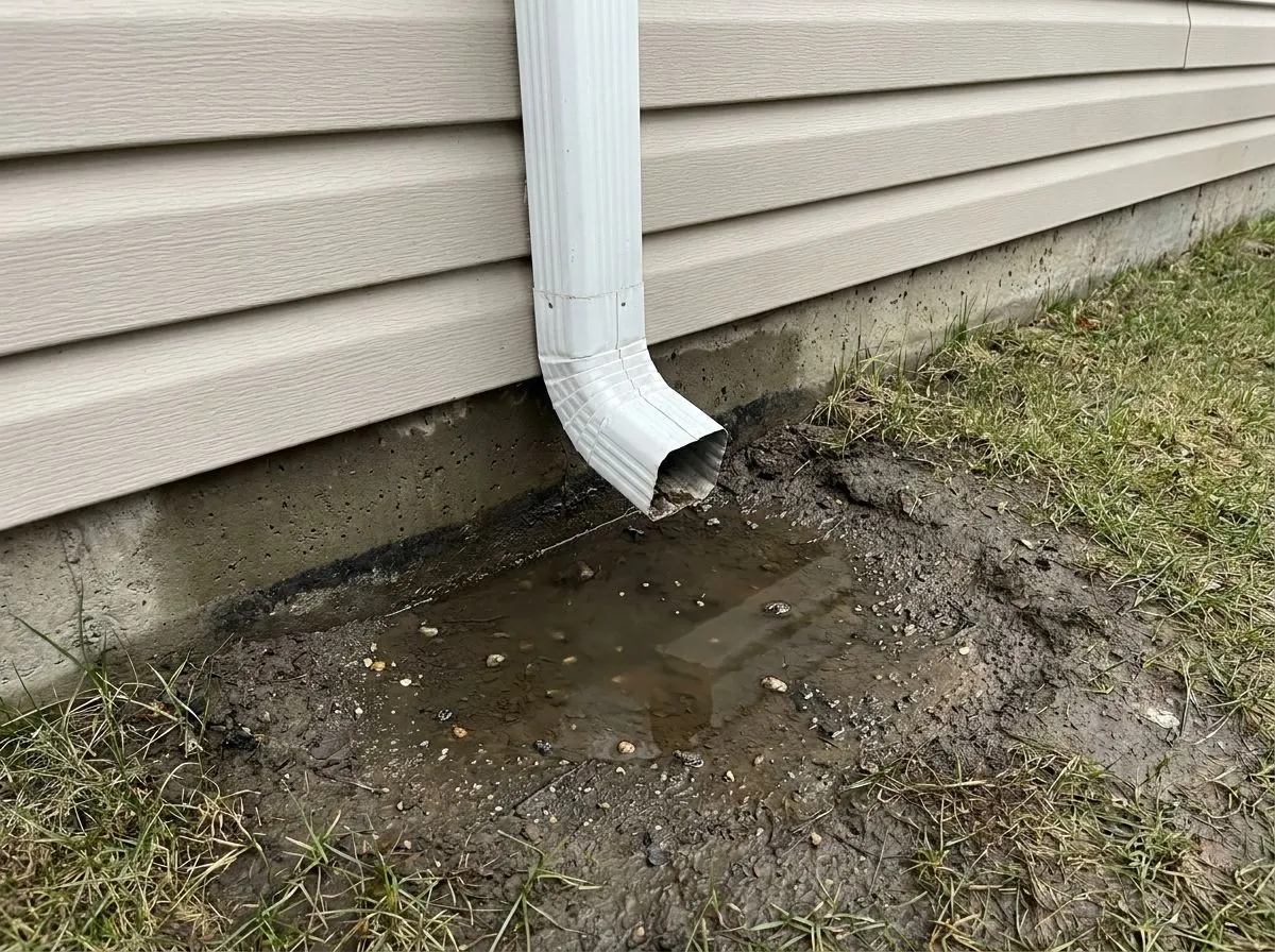 A downspout with no extension ends right at the base of a house, leaving a muddy puddle against the concrete foundation and a dark damp patch on the wall.