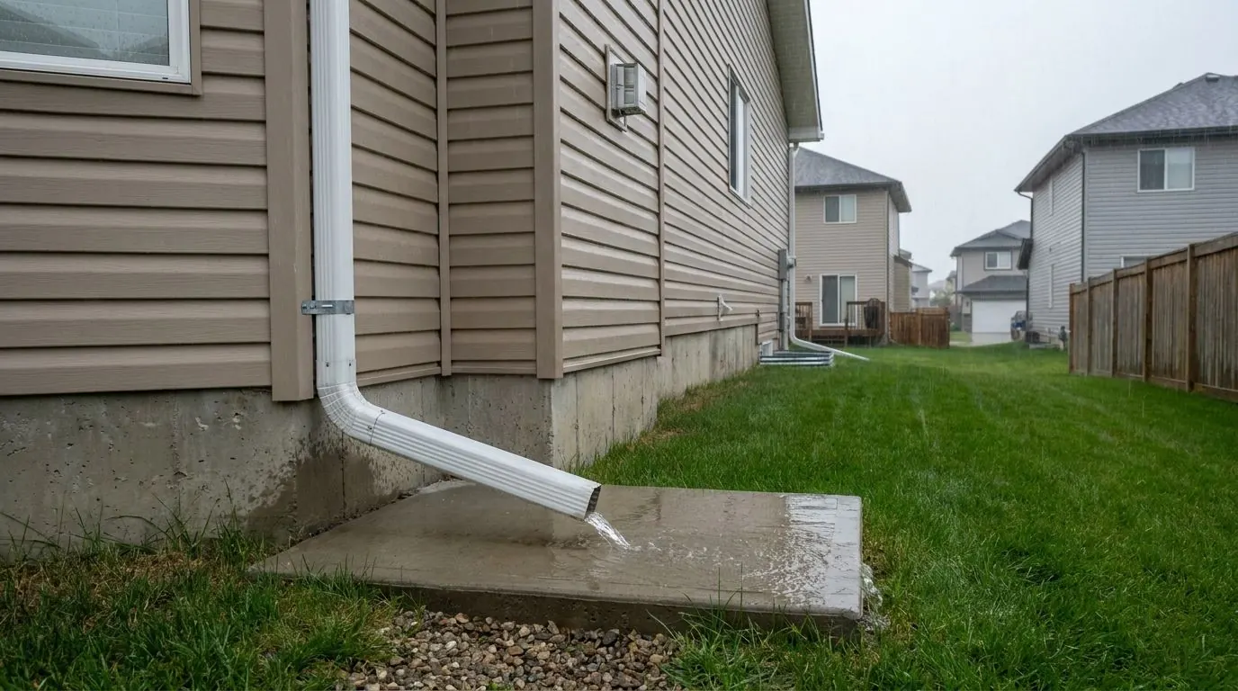 During summer rain, a downspout on a tan two-storey house discharges through an extension onto a splash pad, with water flowing across the lawn away from the foundation.