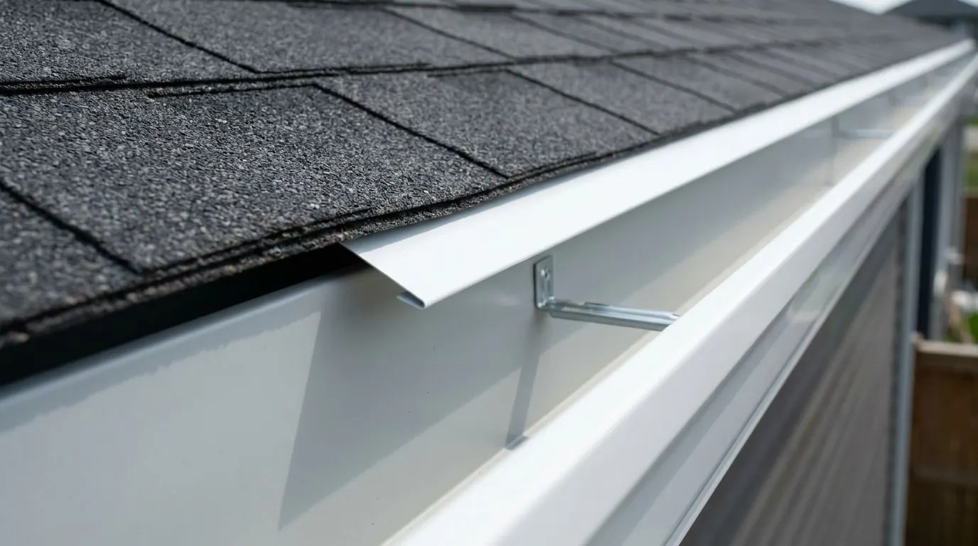 A close view along a roof edge where a thin metal drip edge under the first row of shingles laps over the back of a white eavestrough.