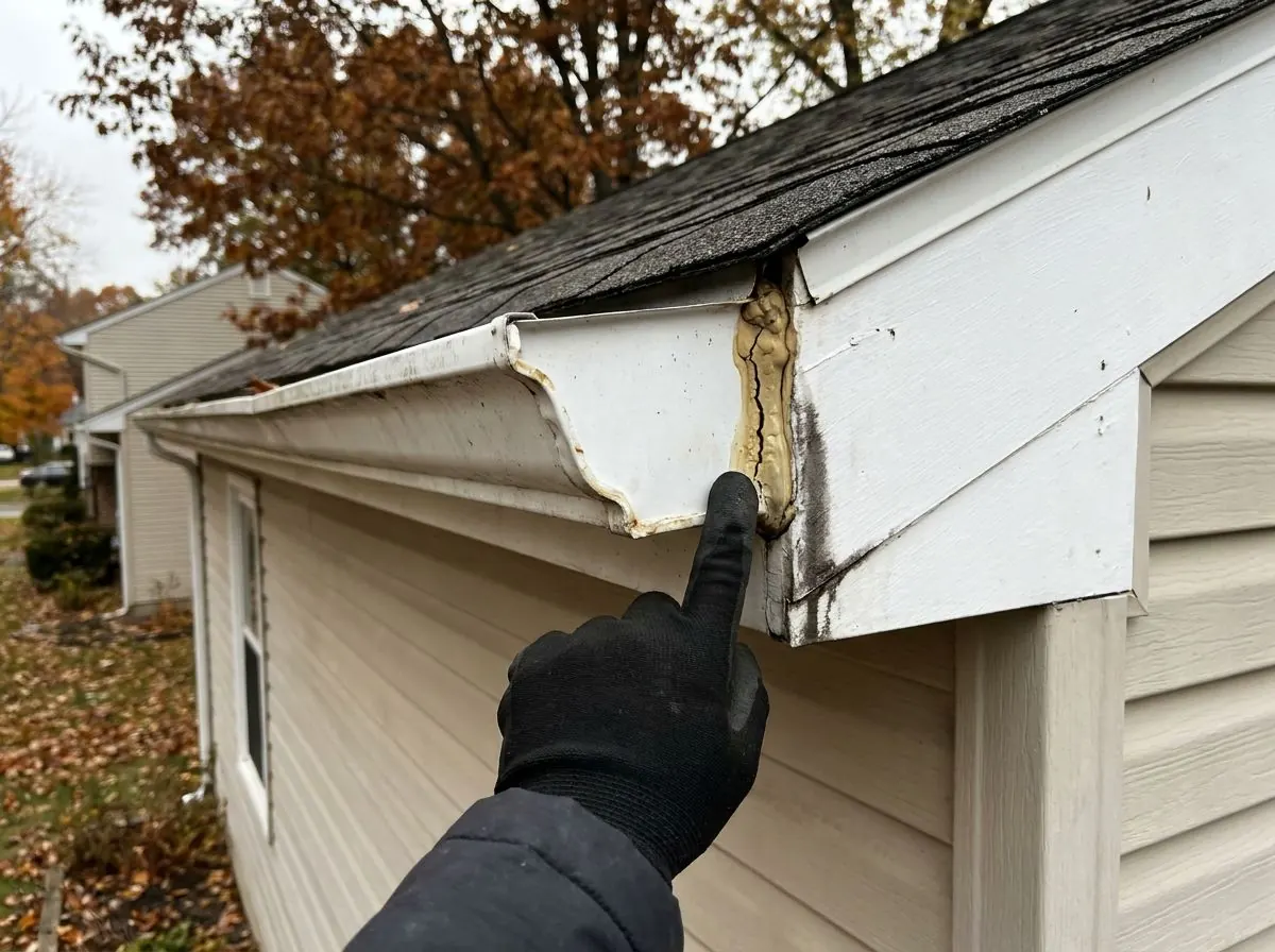 A gloved hand points at the end cap of an older white eavestrough, where cracked sealant has left a dark water stain on the fascia below.