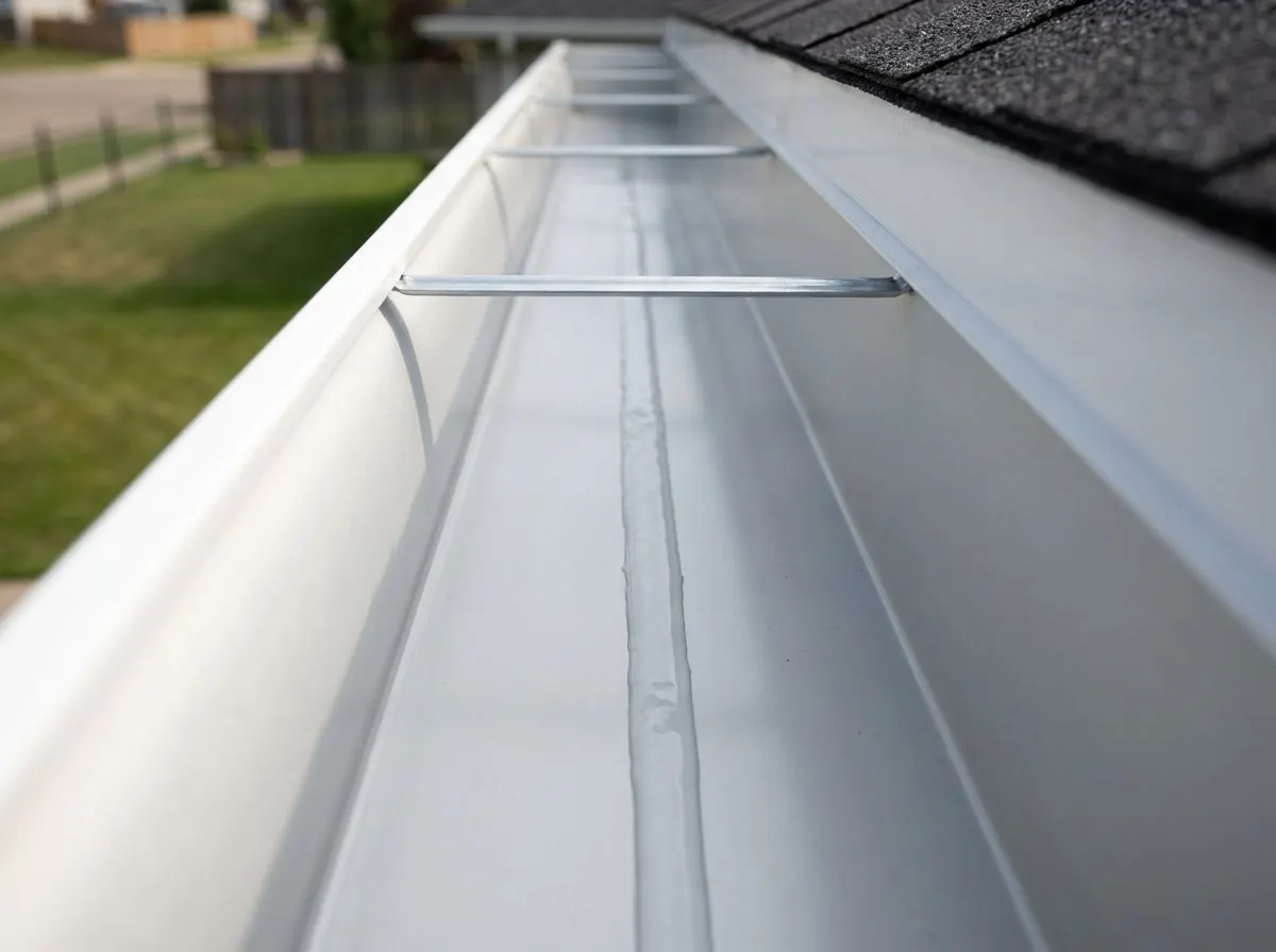 View along the inside of a clean white eavestrough as a thin stream of water runs steadily along its bottom beneath evenly spaced hidden hangers toward the far end of the run.