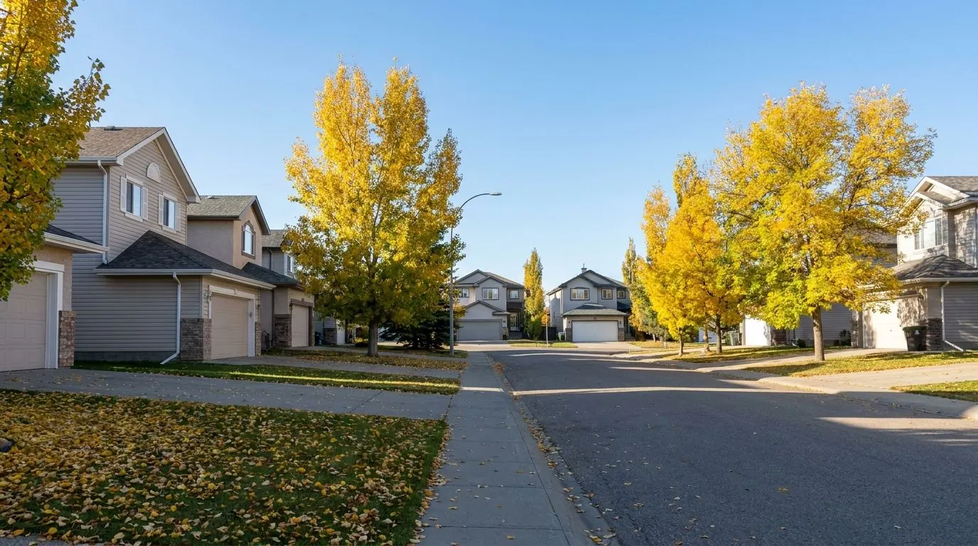 A quiet street of two-storey homes from the 1990s and 2000s with mature yellow-leaved trees, front lawns and attached garages on a crisp autumn day.
