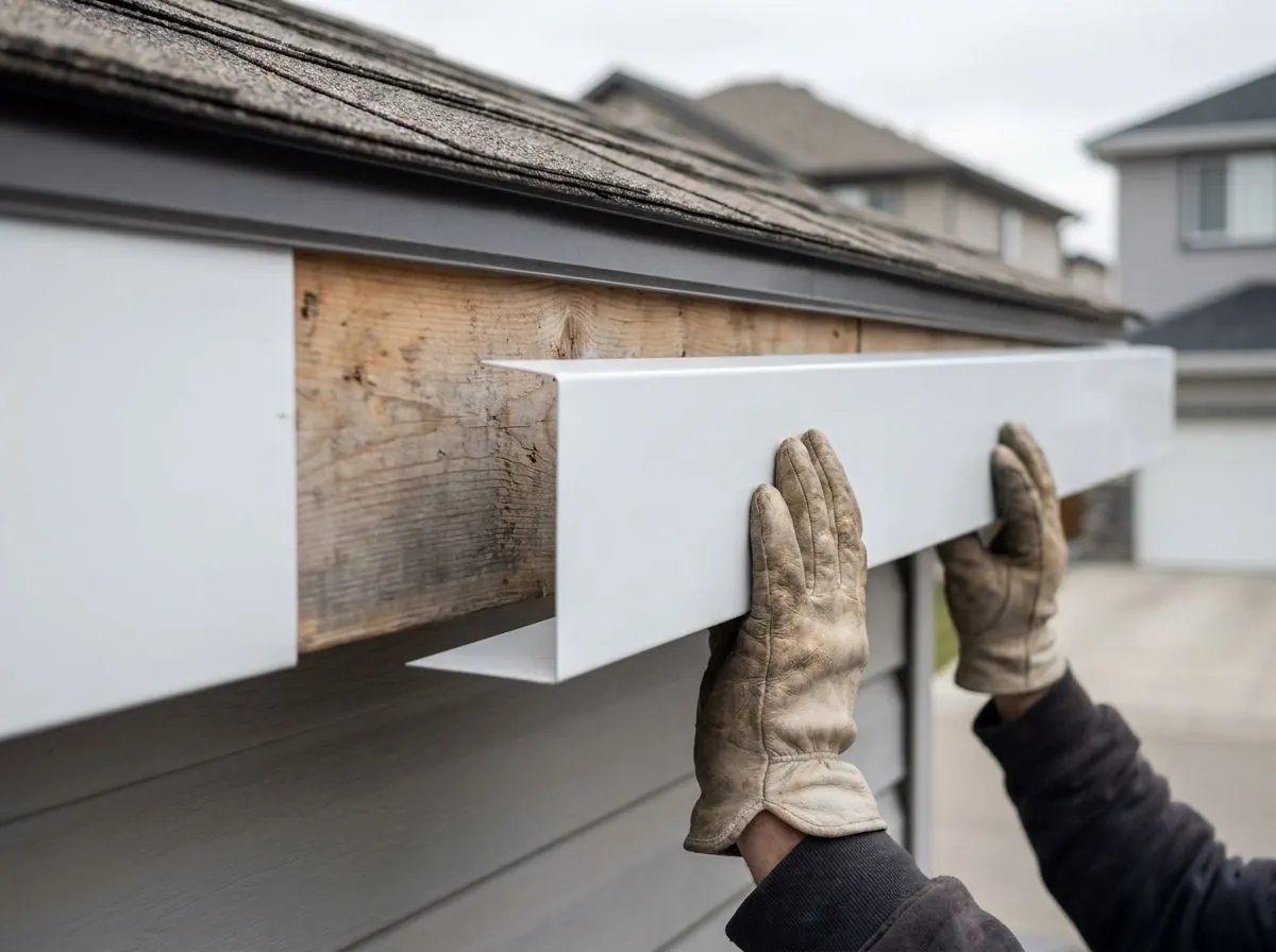 Gloved hands press a length of bent white aluminum capping over a bare wood fascia board at the roof edge, before the eavestrough goes on.