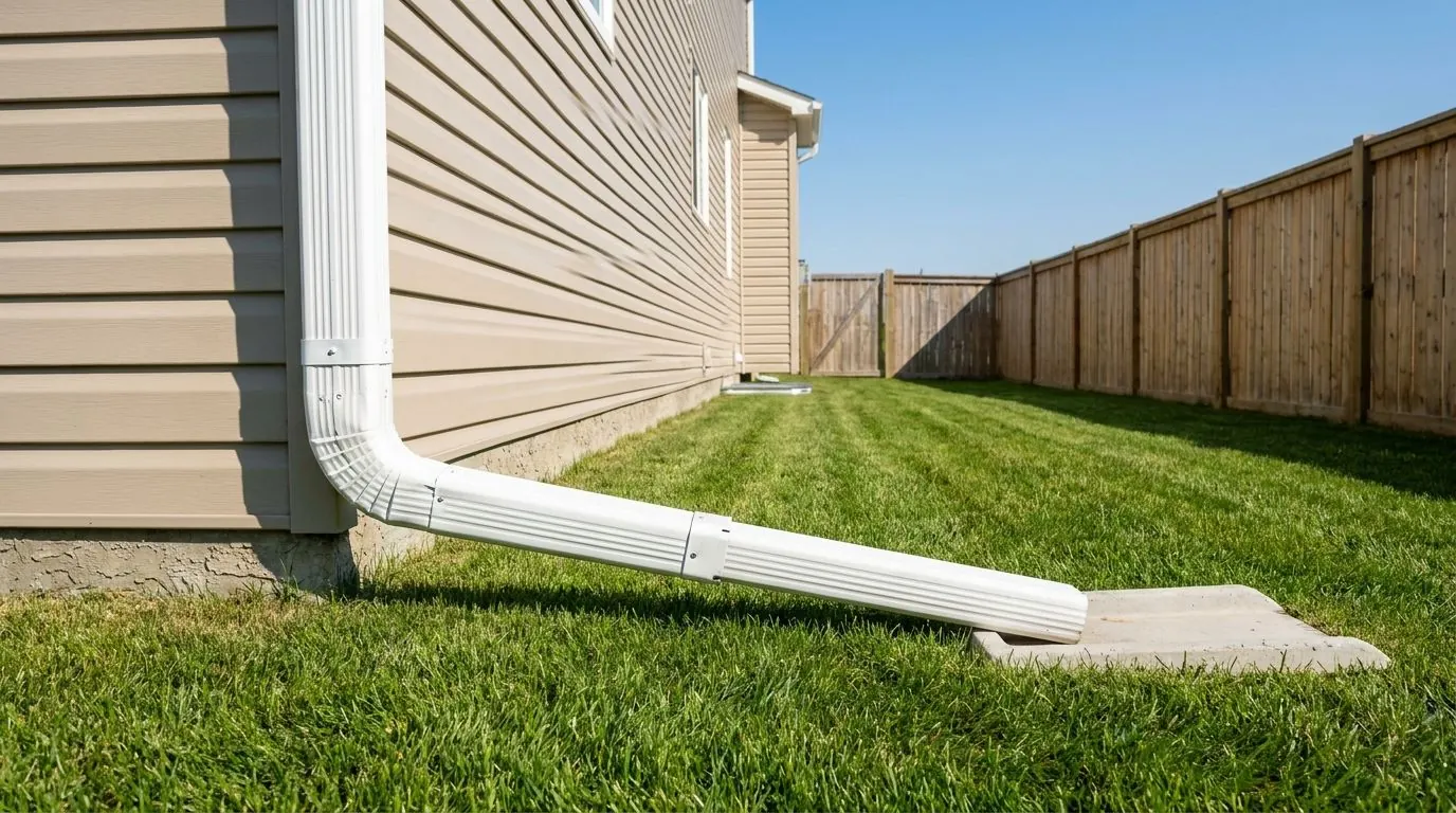 A white downspout on a beige house ends in a hinged extension folded down across a freshly mown lawn, pointing away from the foundation.