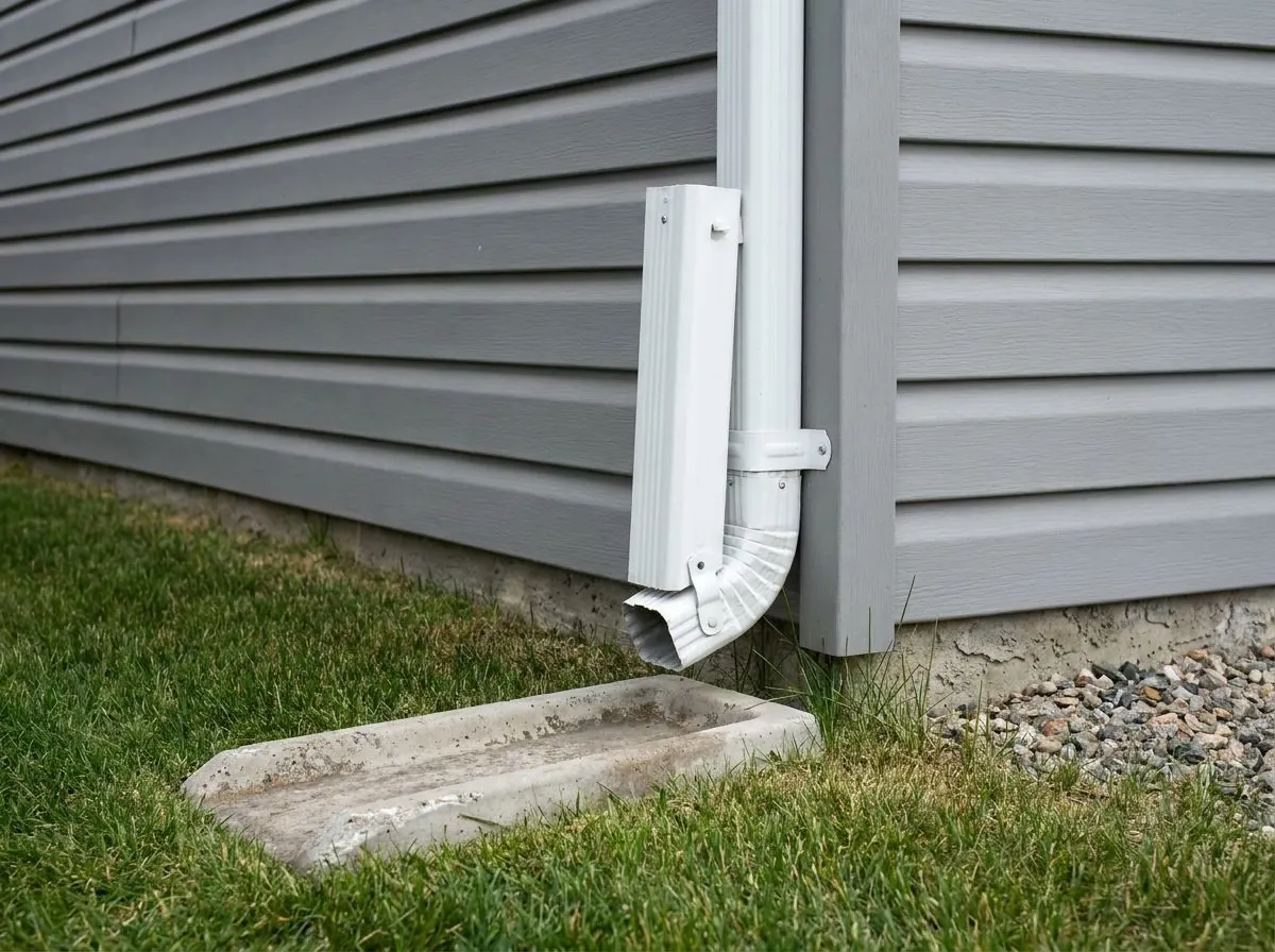 Close-up of a hinged downspout extension lifted up to stand against a white downspout, clearing the lawn for mowing beside a grey house.