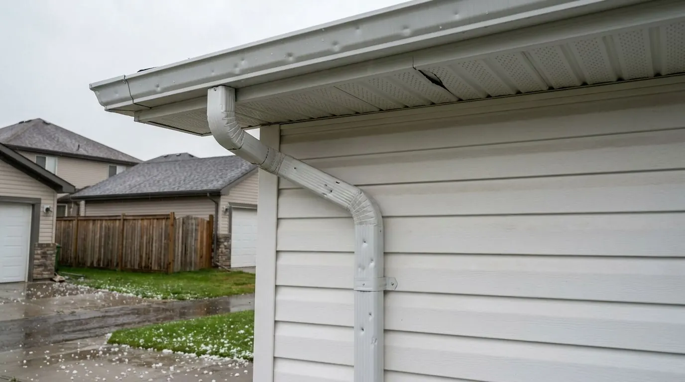 After a summer hailstorm, a white eavestrough and downspout at a garage corner are covered in round dents, with cracked vinyl soffit above and hailstones on the grass.