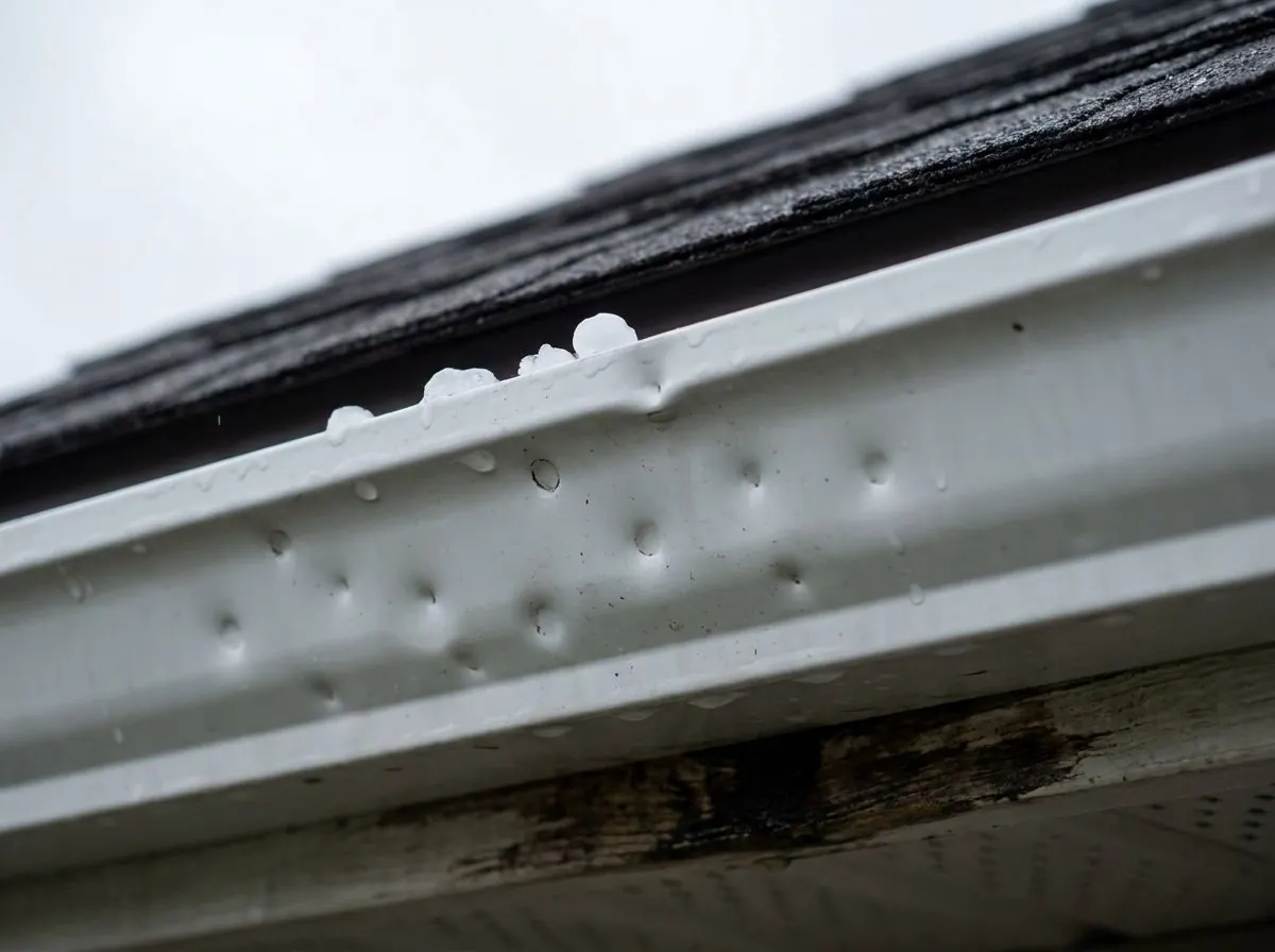Close-up of the curved front of a white aluminum eavestrough dimpled with round hail dents, with small hailstones melting along its top lip below the shingles.