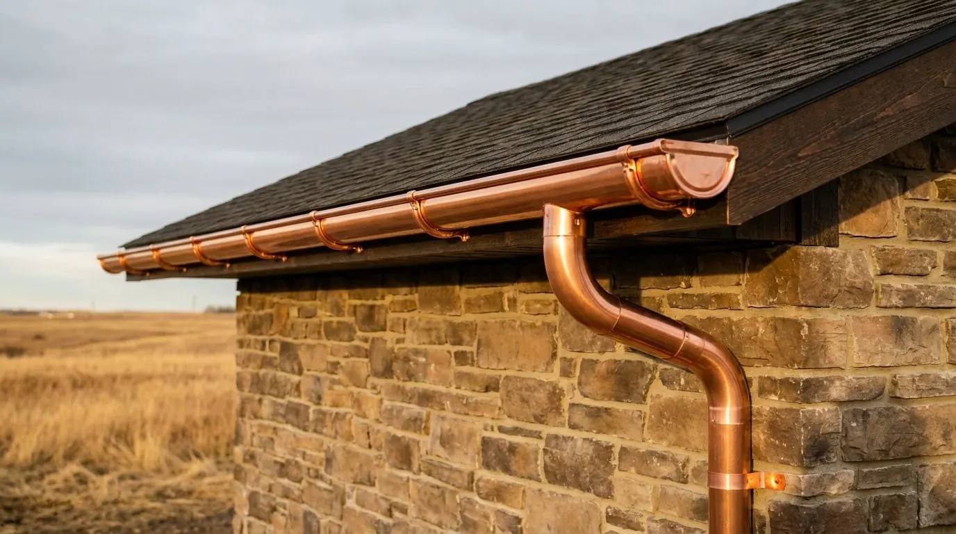 A new half-round copper gutter held by copper brackets runs along the eave of a home with stone and dark wood trim, feeding a round copper downspout.