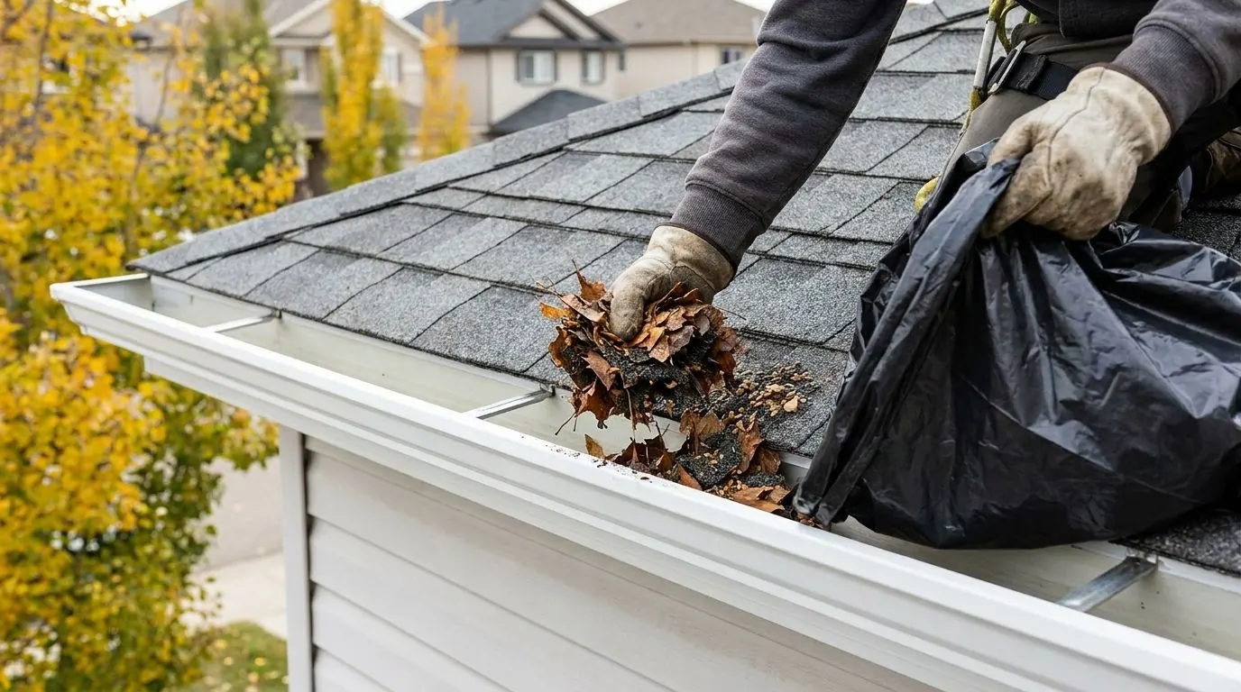A gloved hand scoops wet leaves and shingle grit out of a white eavestrough into a plastic bag held in the other hand, on an autumn roof edge.