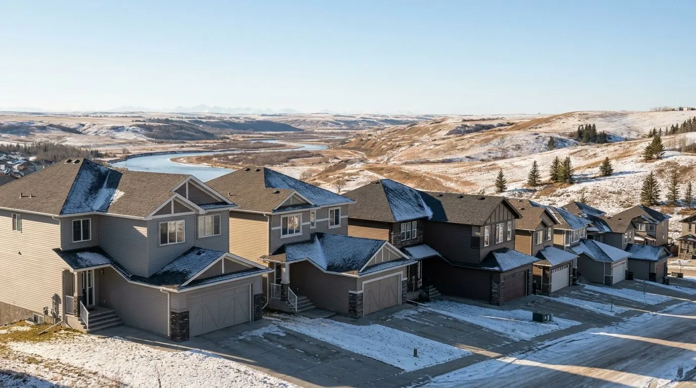 A row of two-storey homes on a hillside street in late fall, with a light dusting of snow, a river valley and rolling foothills in the distance under a blue sky.