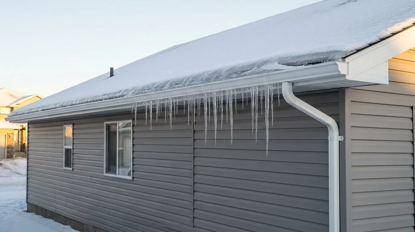 A snow-covered bungalow roof in low winter sun, with a thick ridge of ice along the eave and long icicles hanging from the eavestrough.