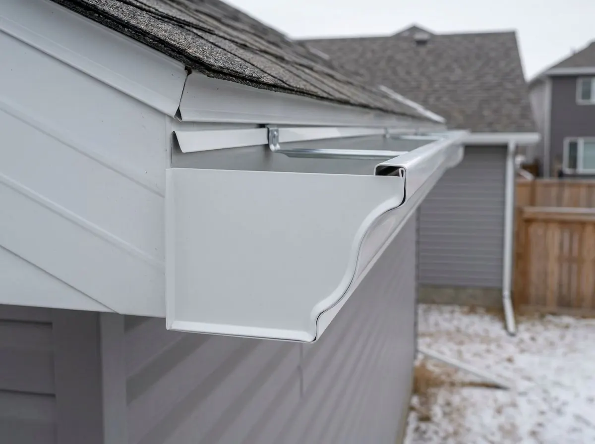 Close-up of the end of a white K-style eavestrough on a fascia, showing its flat back, flat bottom, curved front and a hidden hanger inside.