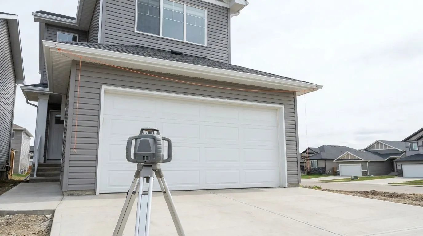 A rotating laser level on a tripod stands on a driveway in front of a garage, while an orange string line is strung along the bare fascia above.