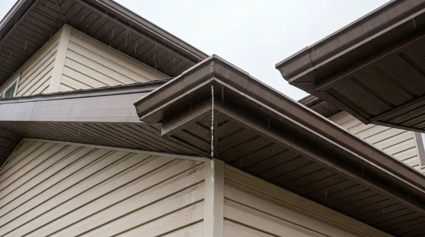 On a rainy day, water drips from the mitred corner seam of a brown eavestrough on a beige house, leaving a streak down the siding below.