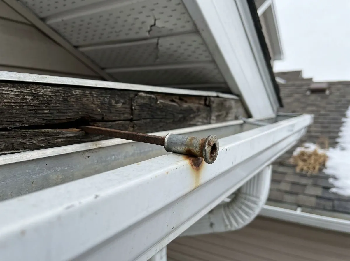 Close-up of an old spike and ferrule pulled partway out of a wood fascia, leaving a gap between the back of the eavestrough and the board.