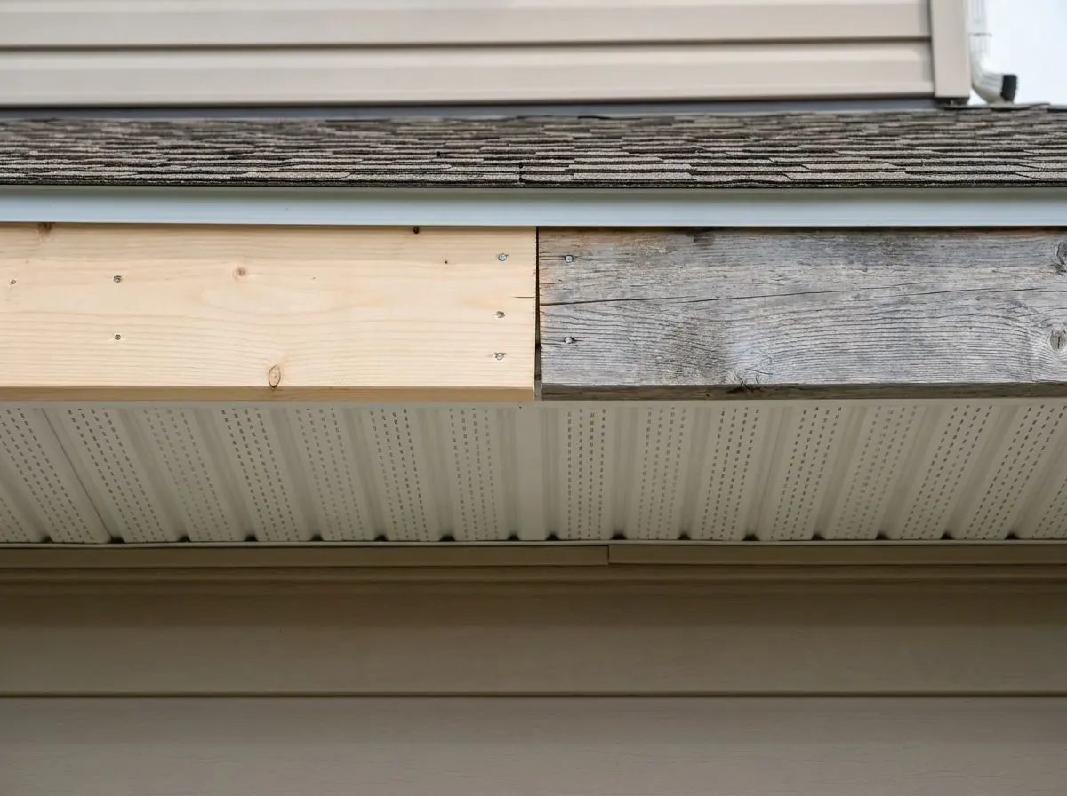 A pale new length of lumber fascia board has been fitted in beside older weathered boards at the roof edge, ready to be covered with capping.