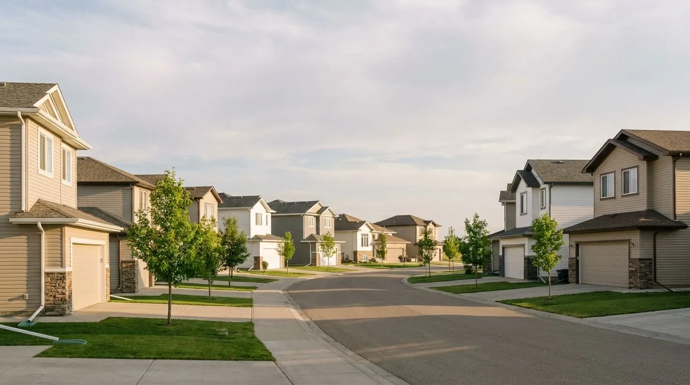 A curving residential street of newer two-storey homes in beige, grey and white vinyl siding with stone accents, young trees and a wide prairie sky at sunset.