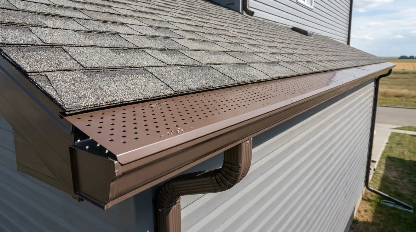 A brown eavestrough on a grey house is covered along its length by matching brown perforated aluminum guards, seen from the roof edge in summer.