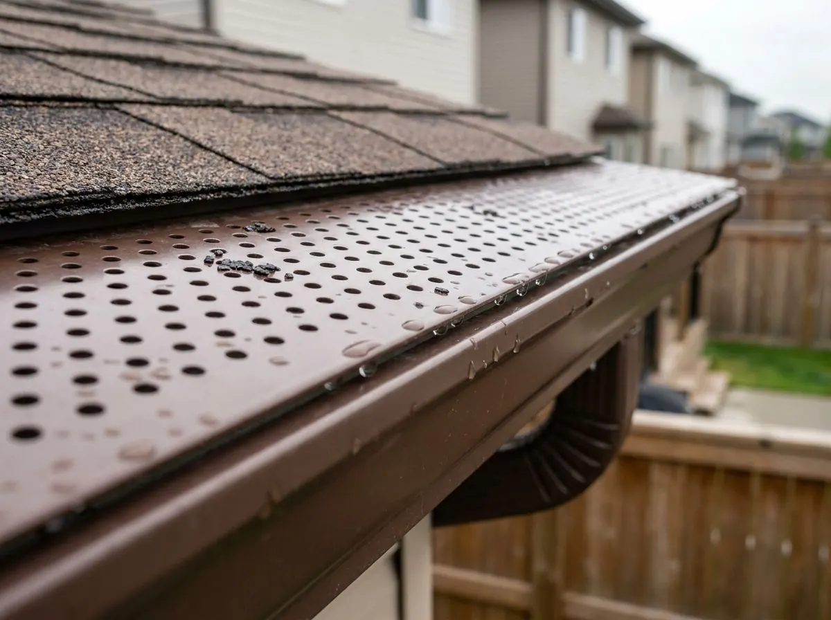 Close-up of a rigid brown aluminum gutter cover with rows of small round holes, rain droplets and a few shingle granules on its surface.