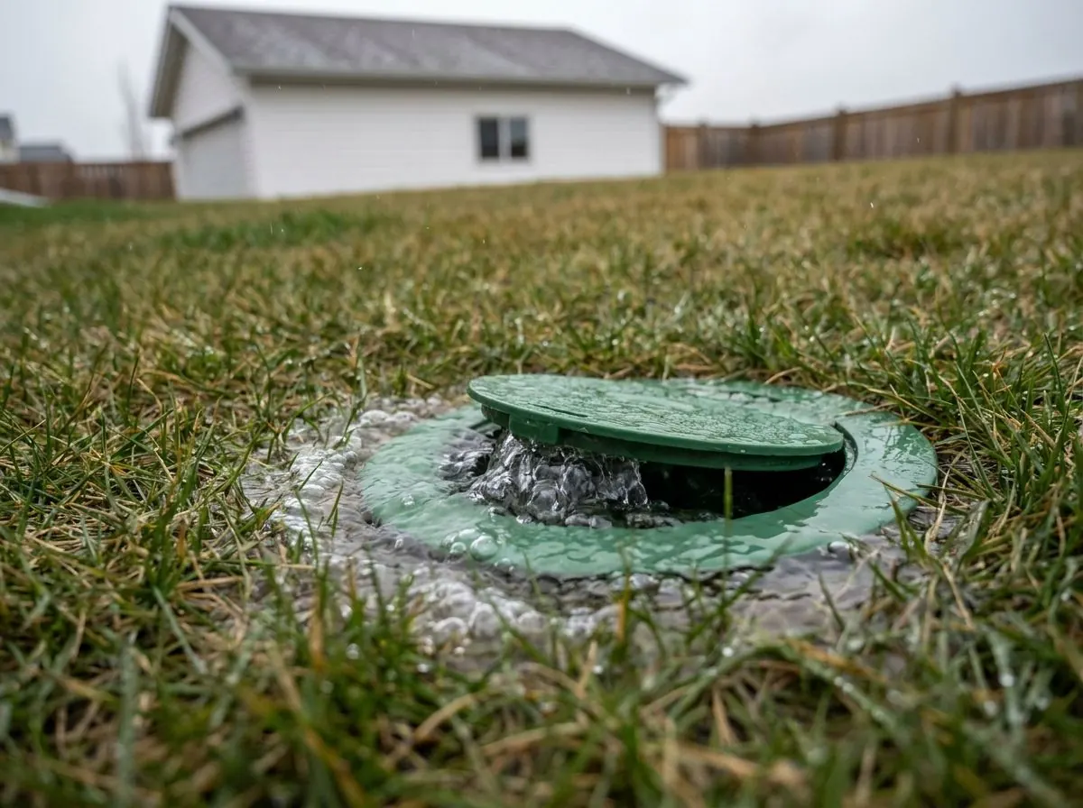 A round green pop-up drainage emitter lid lifted open in a lawn with clear water bubbling out, far from the house in the background.