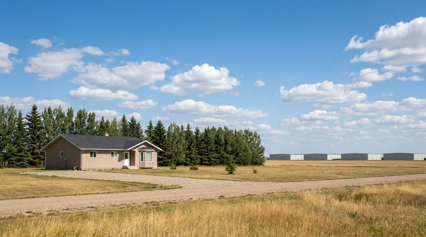 A bungalow on a flat prairie acreage with a gravel driveway and shelterbelt trees, with long low warehouse buildings visible far away on the horizon.