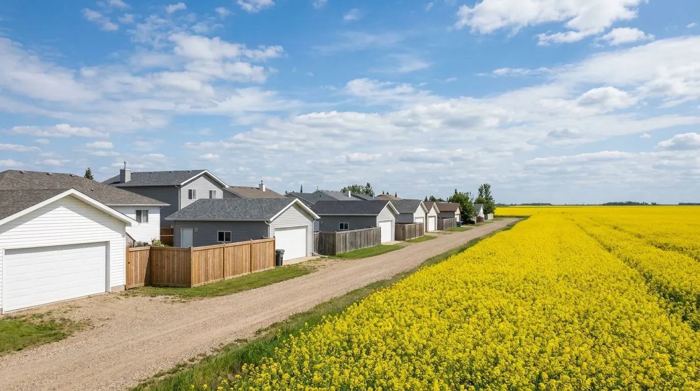 A few homes and detached garages at the edge of a small prairie town, beside a bright yellow canola field under a big summer sky.