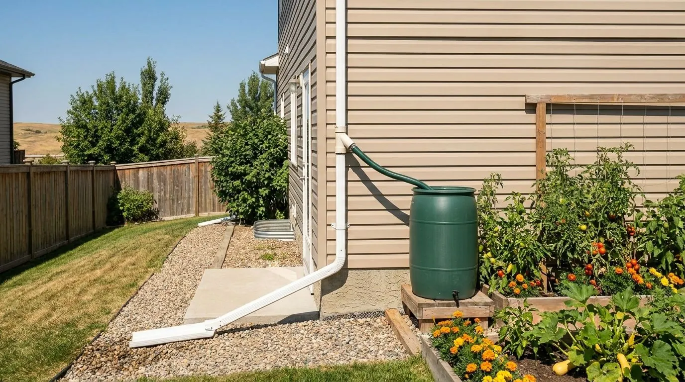 A plain dark green rain barrel sits on a stand beside a garden bed, fed by a diverter fitted into a white downspout on a tan house.