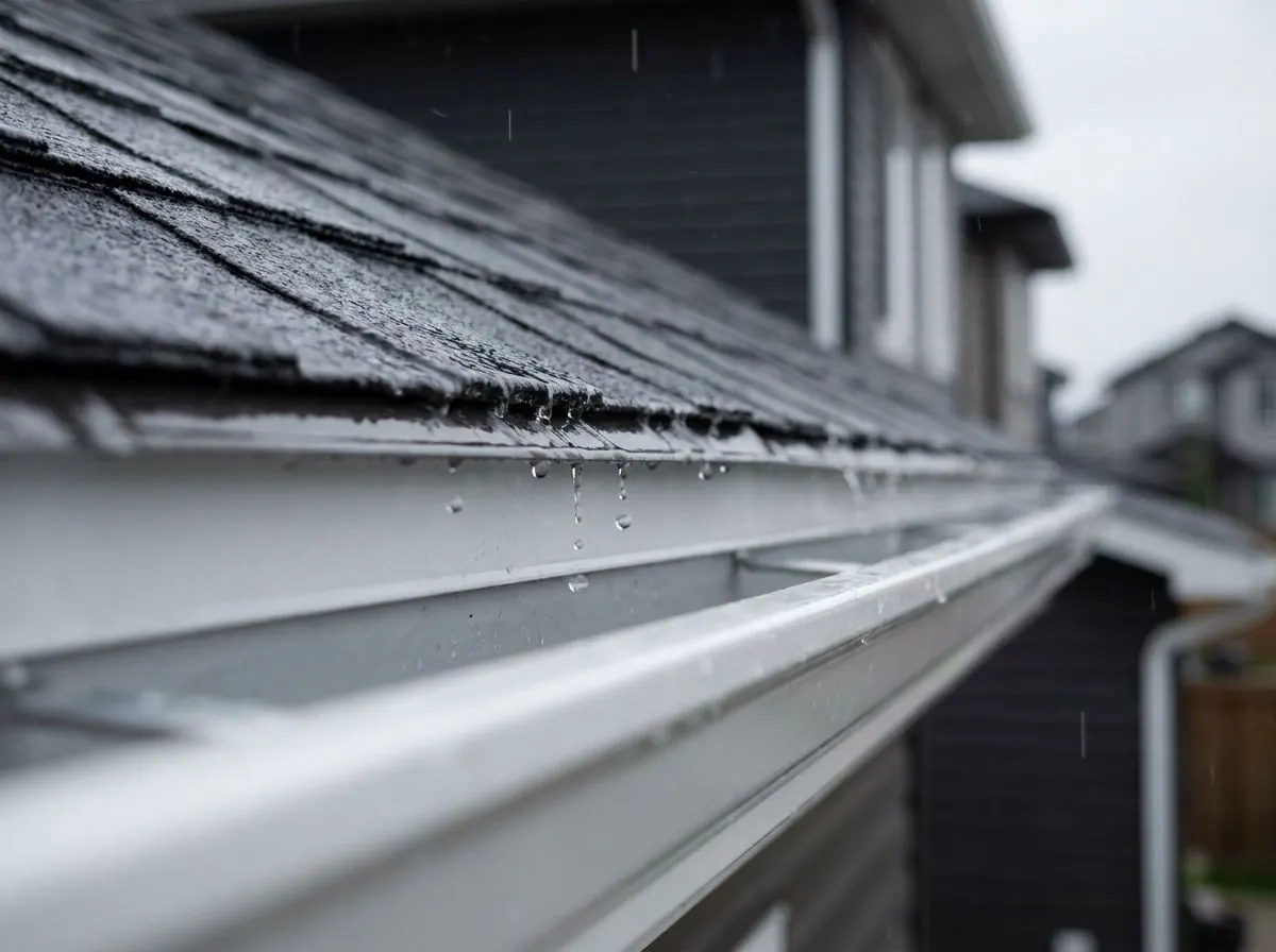 Close-up in the rain of water dripping from the lip of a metal drip edge under the shingles straight into a white eavestrough below.