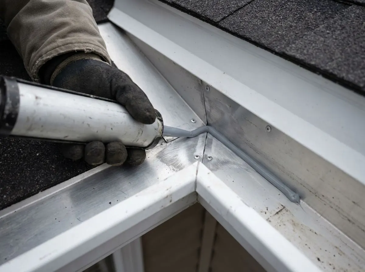 A gloved hand with a caulking gun lays a neat bead of fresh sealant along a cleaned mitre joint inside a white eavestrough.