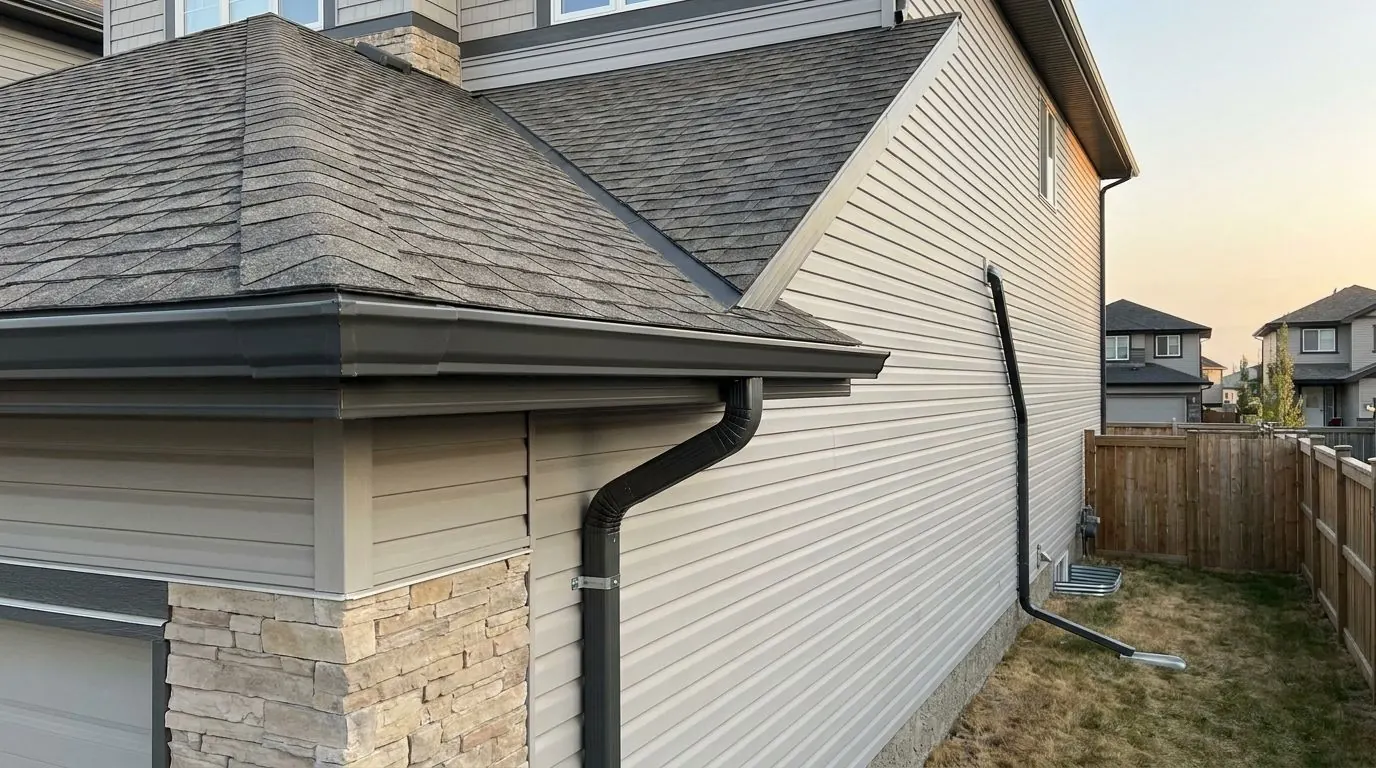 A large charcoal eavestrough runs along the lower eave of a big two-storey house beneath a roof valley, feeding a wide rectangular downspout to the ground.