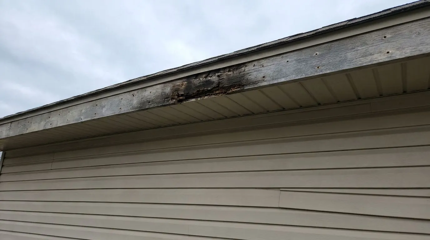 With the eavestrough taken down, a wood fascia board along a roof edge shows a stretch of soft, dark, crumbling rot and a row of old screw holes.