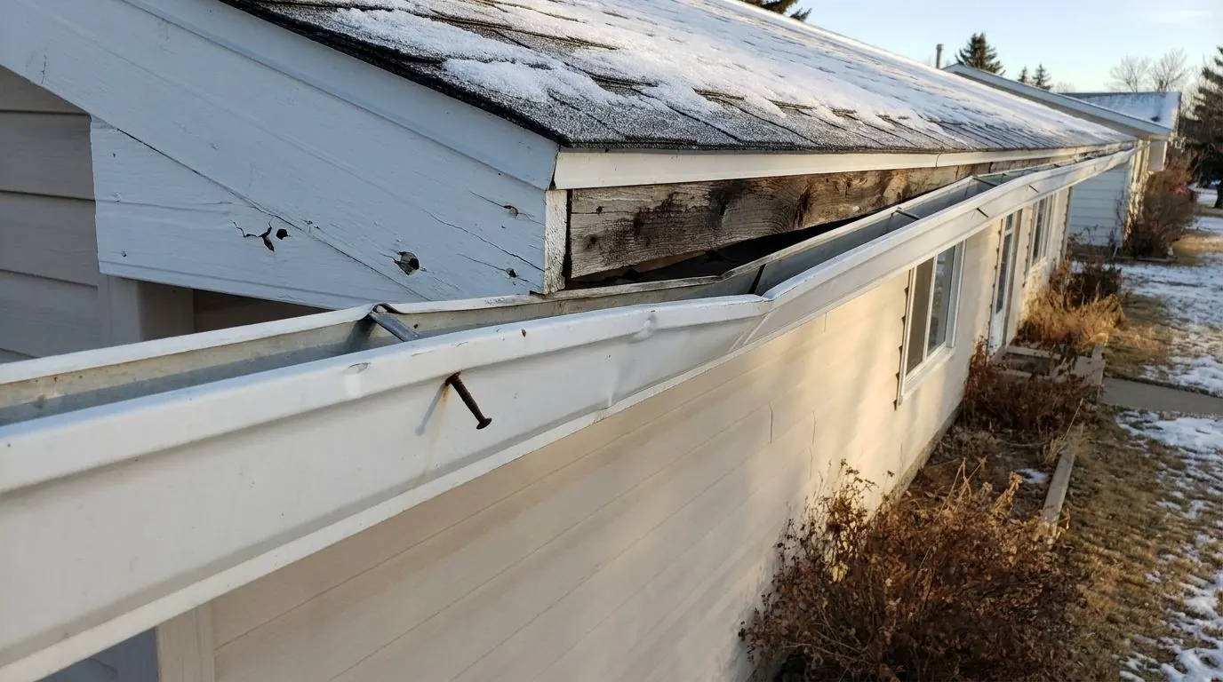 An older white eavestrough on a bungalow bends out of line and has pulled away from a weathered wood fascia board, with an old spike backed out of its front.