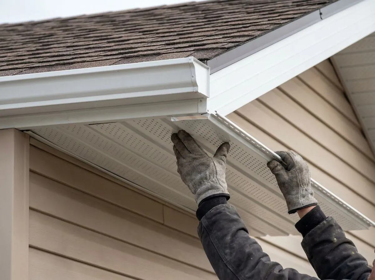 Two gloved hands fit a white perforated aluminum soffit piece under a roof overhang, below a white eavestrough, with finished vented soffit beside it.