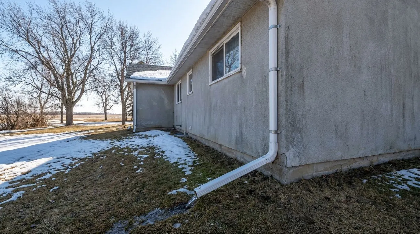 In early spring, meltwater runs from a downspout extension across a lawn with patches of old snow, away from the foundation of a grey stucco bungalow.