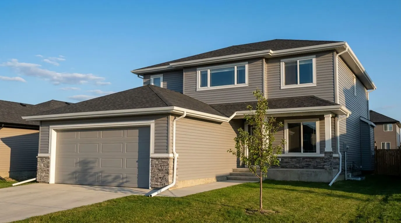A newer two-storey home with grey vinyl siding, stone accents and an attached garage, fitted with white seamless eavestroughs and downspouts running down to the lawn.