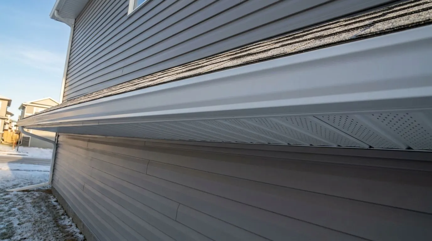 Looking up and along the eave of a grey house at white aluminum soffit panels with fine perforations, running from the wall out to the fascia under a white eavestrough.